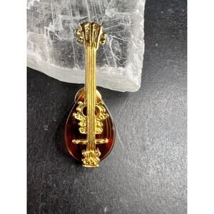 Vintage Avon Mandolin Lute Brooch Gold Tone Amber Glass Pin